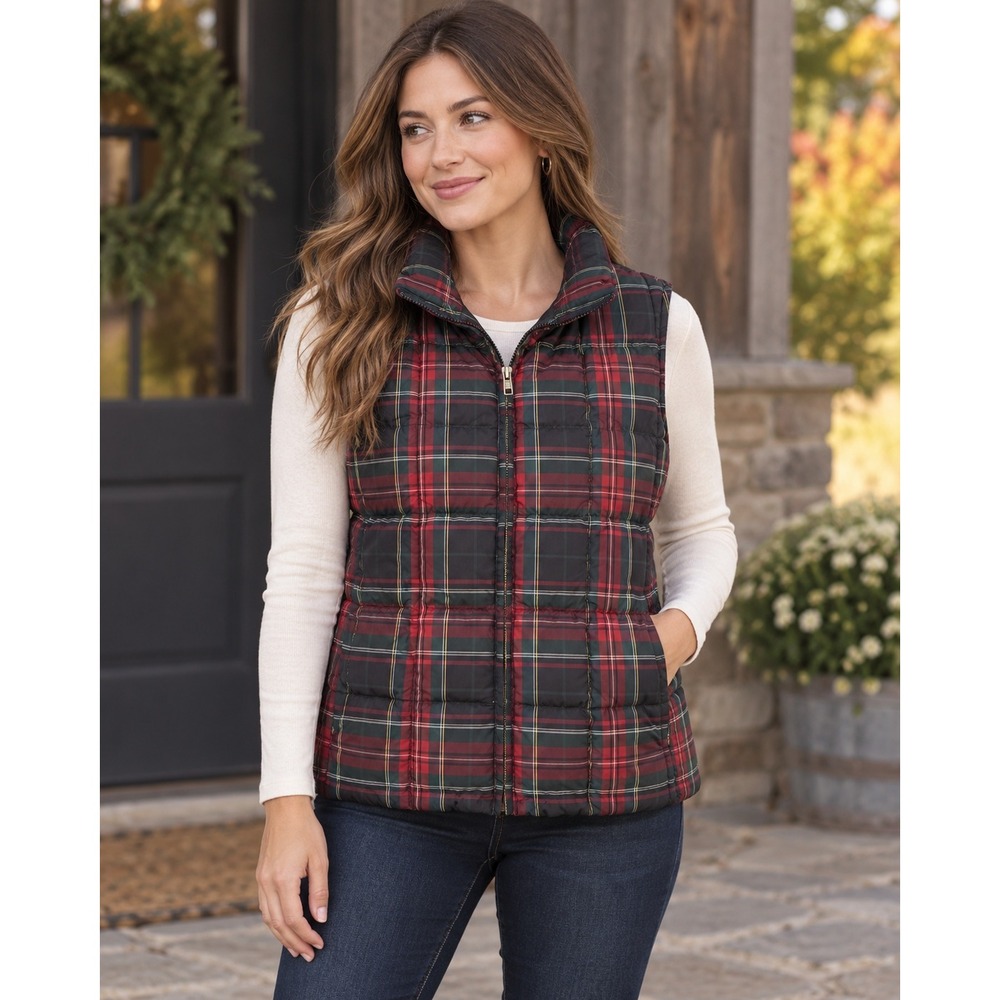 Eddie Bauer Goose Down Vest Black Red Plaid Puffer Sleeveless Jacket 2080 Large